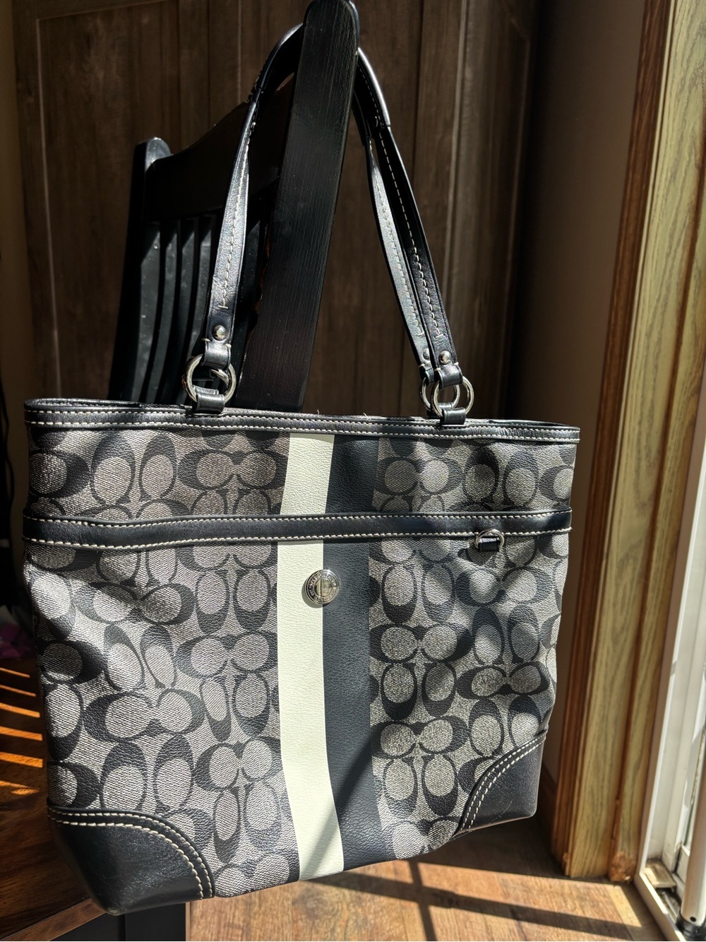 Coach Gray, Black, and White Signature Stripe Tote